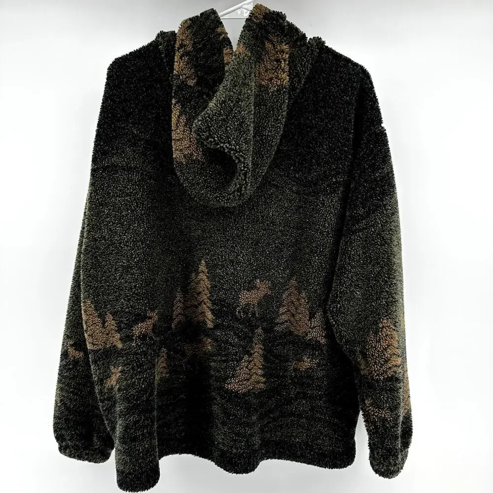 ALPS Teddy Jacket High Pile Fleece Hood Full Zip Moose Trees Print Green Large